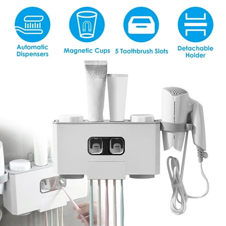 iMountek Toothbrush Holders for Bathroom Organizer, Wall Mounted Automatic Toothpaste Dispenser Squeezer Kit with Magnetic Cups 5 Toothbrush Slots Accessory Storage