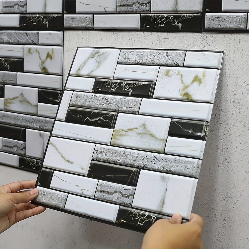 iMucci 10Pcs 3D Wall Panels for Interior Wall Decor Waterproof PVC Marble Texture Self Adhesive Tile Wall Sticker for Kitchen Bathroom Licing Room Home Decor, Easy Peel and Stick (11.81"x11.81")
