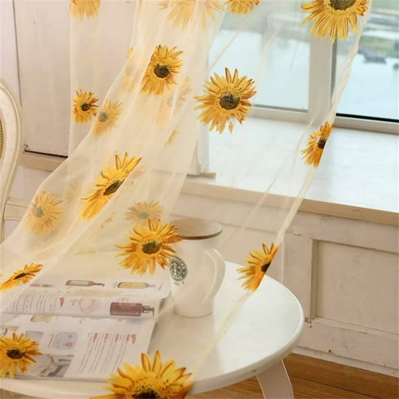 iMucci 1Pc Bright and Cheerful Sunflower Print Sheer Curtains for Living Room and Bedroom - Lightweight Polyester Gauze Window Drapes with Modern Transparent Design in Yellow Floral Pattern
