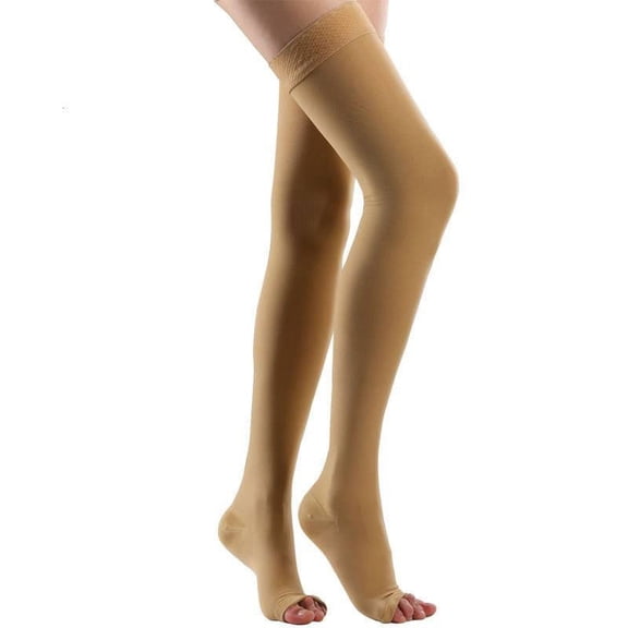 iMucci 20-30 mmHg Compression Stockings for Women and Men, Thigh High Length, Dot-Top, Open Toe, Beige, 2X-Large
