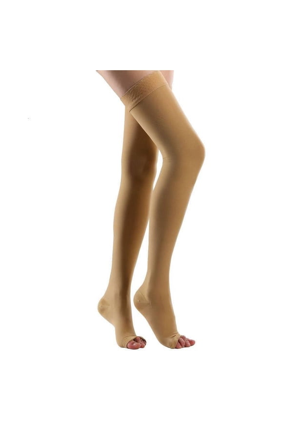 20-30 mmHg Compression Stockings for Women and Men, Thigh High Length, Dot-Top, Open Toe, Beige, Medium
