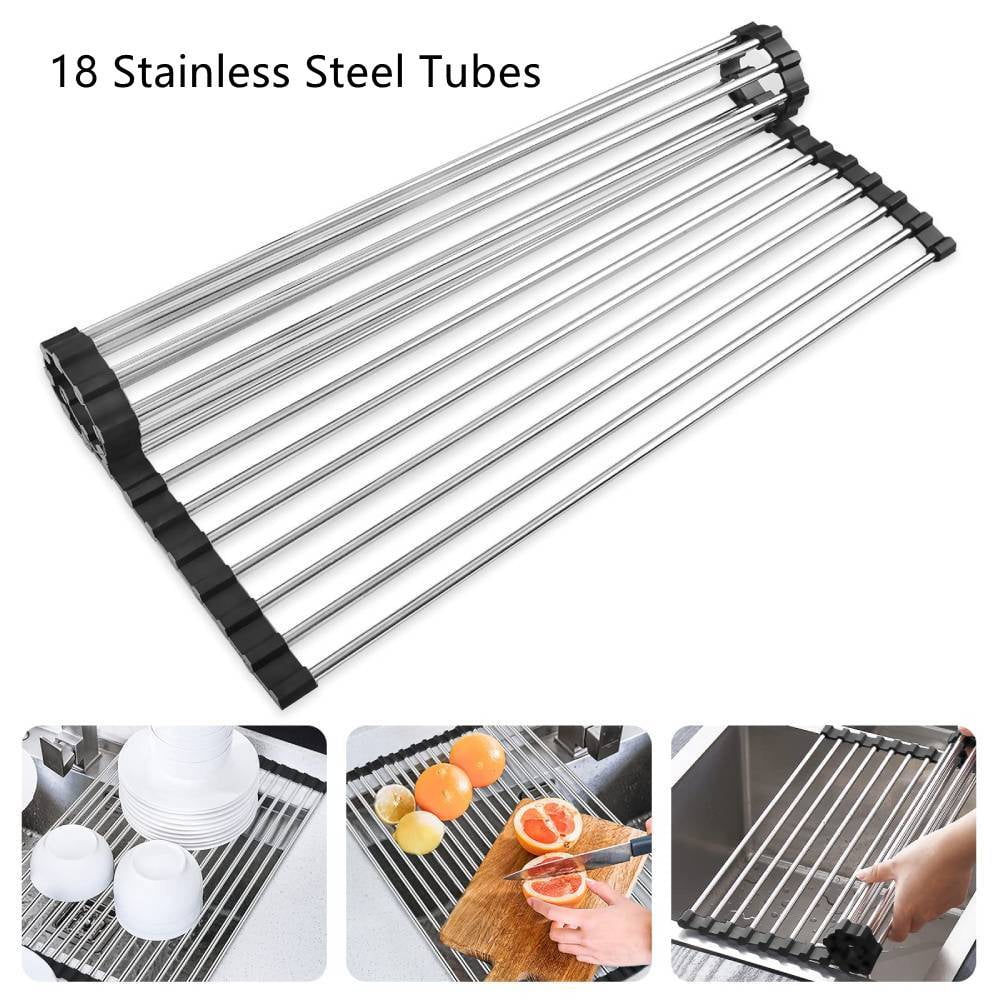 iMucci 20.5" x 14" Roll up Dish Drying Rack over the Sink Kitchen Foldable Sink Dry Rack Portable Dish Drainer Rack Stainless Steel
