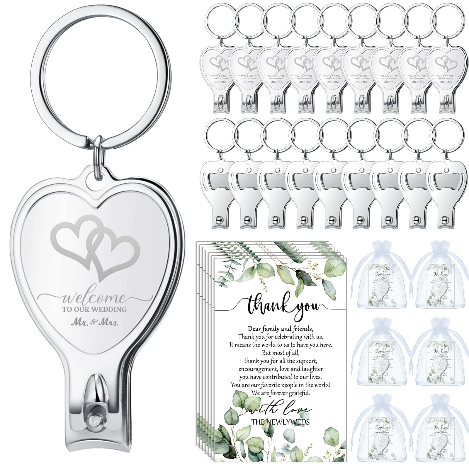 iMucci 20 Piece Wedding Favor Set - Includes 20 Love-Themed Nail Clippers, 20 Thank You Cards, and 20 White Gauze Bags for Bridal Shower, Reception, or Anniversary Gifts