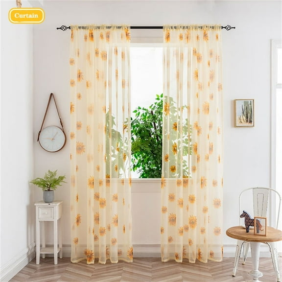 iMucci 2Pcs Bright and Cheerful Sunflower Print Sheer Curtains for Living Room and Bedroom - Lightweight Polyester Gauze Window Drapes with Modern Transparent Design in Yellow Floral Pattern