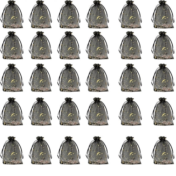 iMucci 30pcs Black Moon and Star Printed Drawstring Organza Bags 3.5x4.7 Inches Small Gift Bags for Candy Jewelry Party Favors Cosmetics and Festive Celebrations