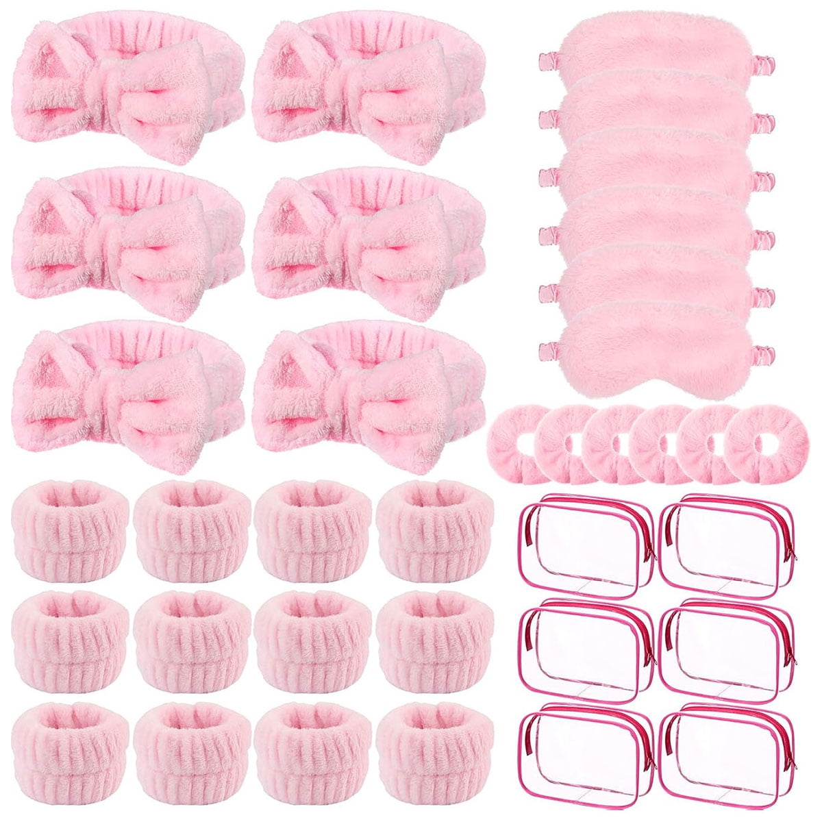 iMucci 36Pcs Sleep Spa Party Favors Set with 6 Storage Bags, 6 Eye Masks, 6 Pink Bows, 12 Wristbands, and 6 Plush Large Intestine Circles for Relaxation and Womens' Night