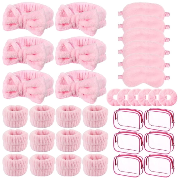 iMucci 36Pcs Sleep Spa Party Favors Set with 6 Storage Bags, 6 Eye Masks, 6 Pink Bows, 12 Wristbands, and 6 Plush Large Intestine Circles for Relaxation and Womens' Night
