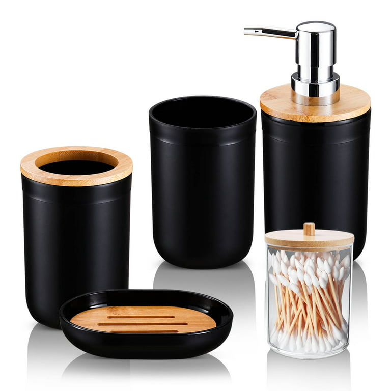 iMucci 5 Piece Black Bathroom Accessories Set Wash Kit, Toothbrush Holder,  Soap Dish, Lotion Dispenser, Mouthwash Cup and Cotton Swab Box 