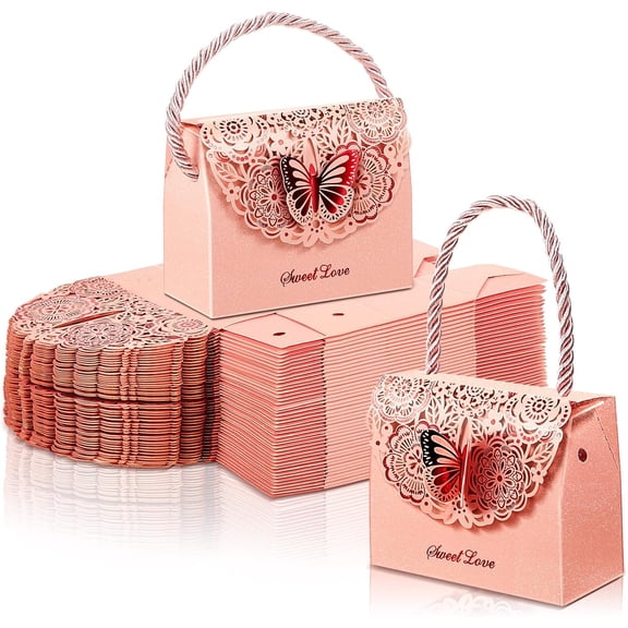 iMucci 50 Pcs Set Butterfly Hollow Design Hand Held Candy Box Small Size For Party Favors In Assorted Pink And Purple Color Options Pink