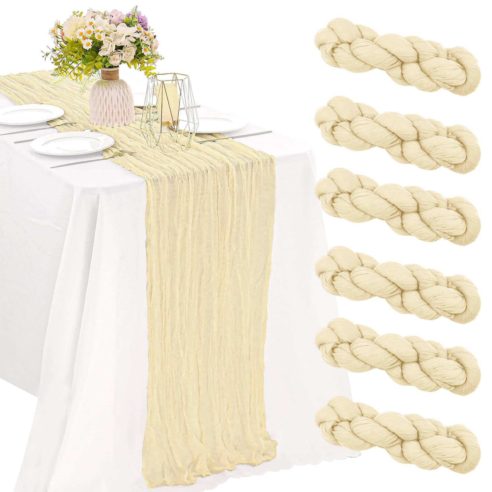 iMucci 6 Pack 10FT Cheesecloth Table Runner Beige Gauze Fabric Tablecloth Rustic Sheer Table Runner for Wedding Birthday Baby Shower Party Boho Table Decoration