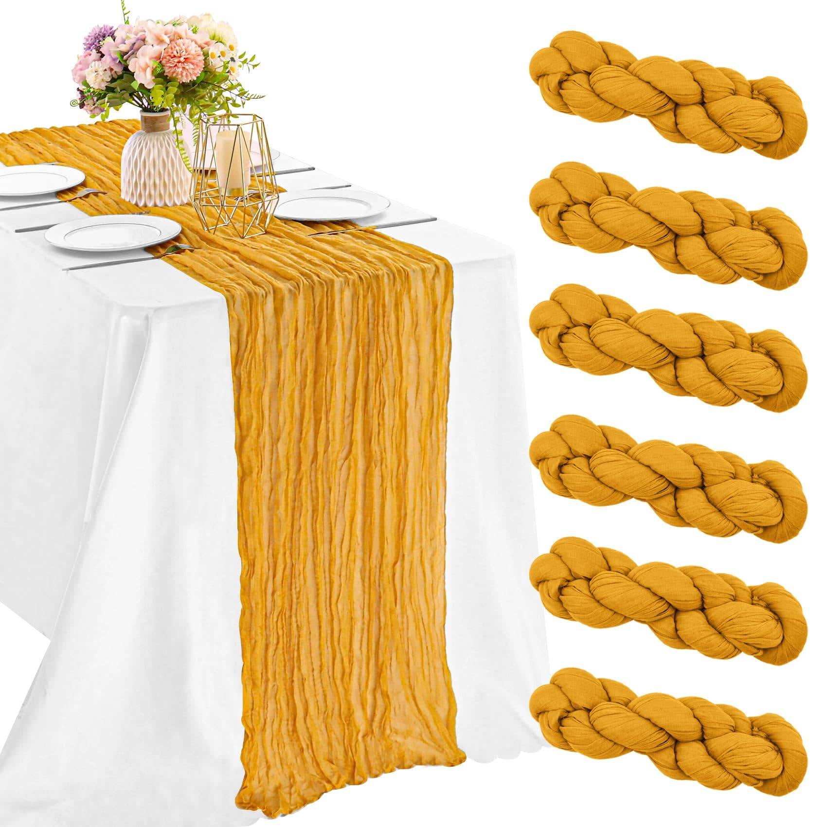 iMucci 6 Pack 10FT Cheesecloth Table Runner Mustard Gauze Fabric Tablecloth Rustic Sheer Table Runner for Wedding Birthday Baby Shower Party Boho Table Decoration