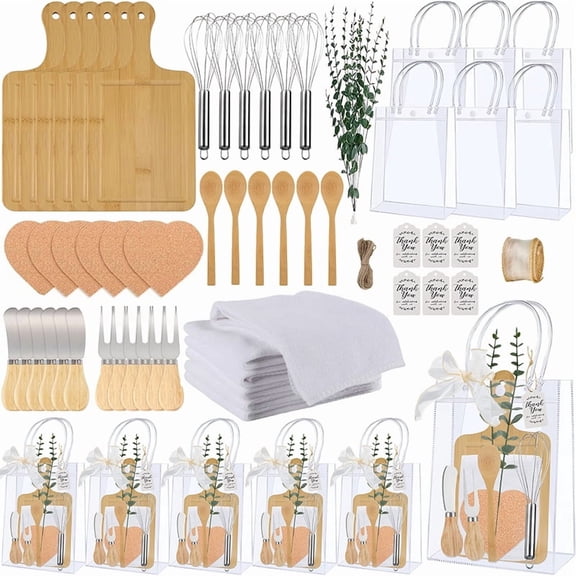 iMucci 68Pcs Shower Prizes for Game Winners Shower Games Prizes 6 Sets Bamboo Cheese Board Spoon Fork Knives Towel Rattan Coasters Artificial Eucalyptus Stems Thank You Card Stirrers Gift Bags