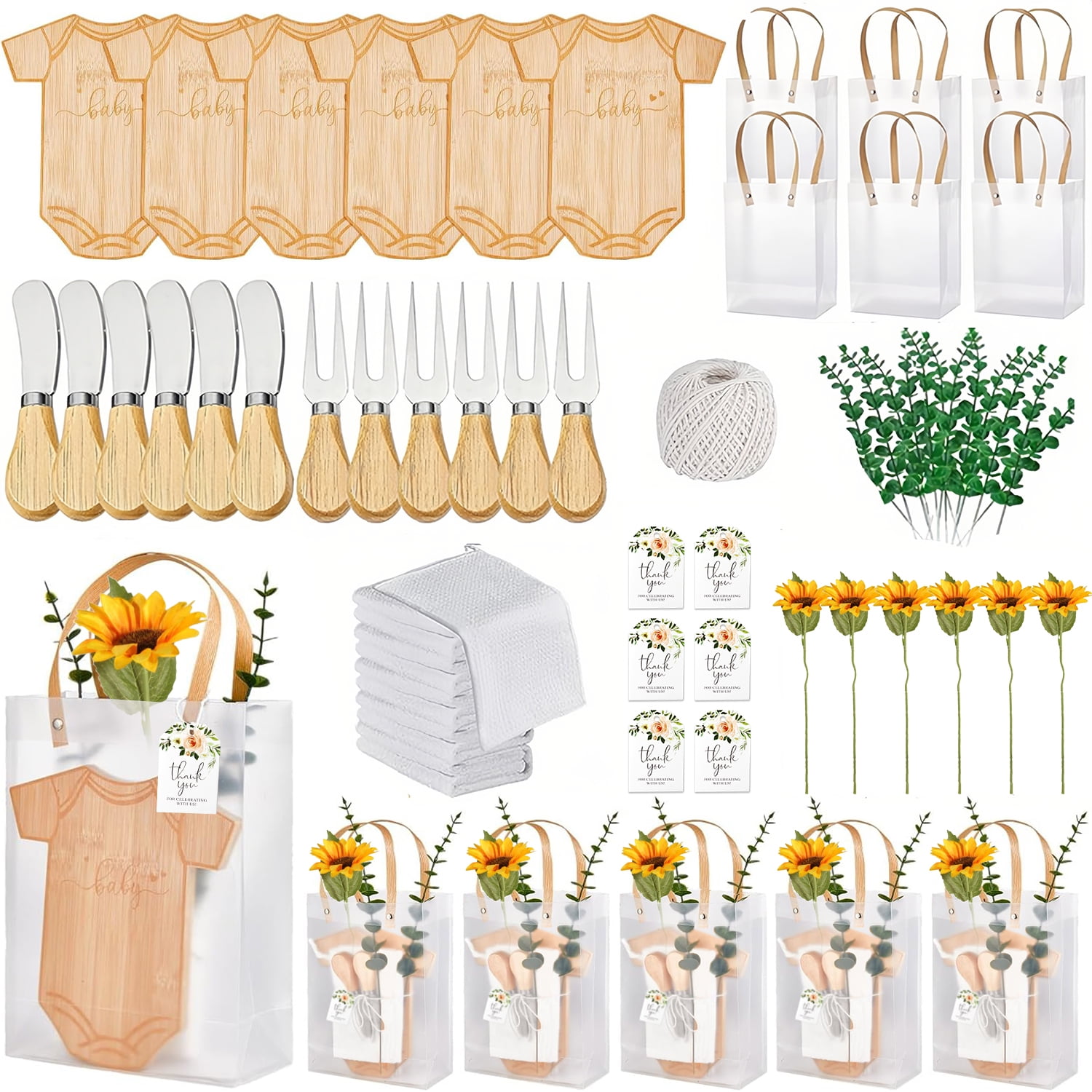 iMucci 6Sets Wooden Pizza Breadboard Set with Cheese Knives, Cheese Forks, Towels, Simulated Eucalyptus, Simulated Sunflowers, Cotton Thread, Transparent Tote Bags, Thank You Gift Cards