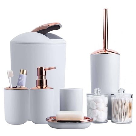 iMucci 8 Pieces Gray Bathroom Accessories Sets - Trash Can with Swing Lid, Soap Dispenser, Self Draining Soap Dish, Toilet Brush with Holder, Toothbrush Holder, Mouthwash Cup, Qtip Holder Dispensers