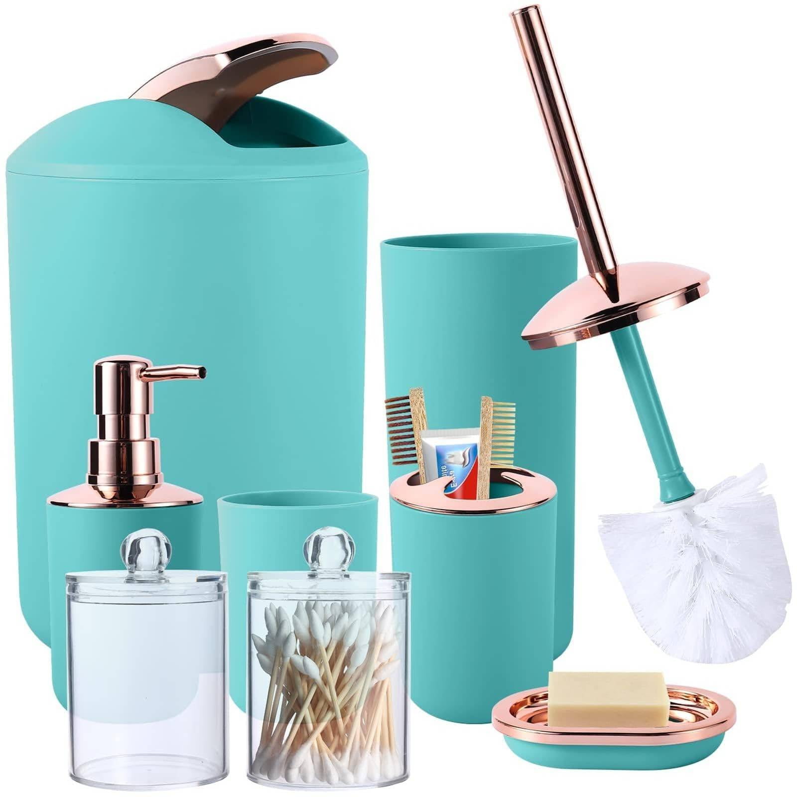 iMucci 8-Piece Teal Bathroom Set - Waste Basket, Soap Dispenser, Dish ...