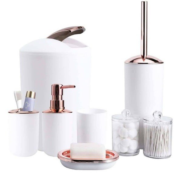 iMucci 8 Pieces White Bathroom Accessories Sets - Trash Can with Swing Lid, Soap Dispenser, Self Draining Soap Dish, Toilet Brush with Holder, Toothbrush Holder, Mouthwash Cup, Qtip Holder Dispensers