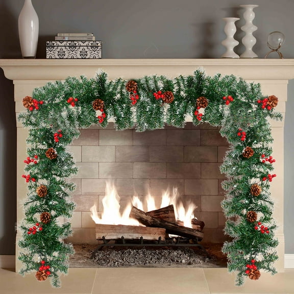 iMucci 9FT Christmas Garland, Artificial Christmas Garland Snowy Pine Needle, Pine Cones, Red Berries and Pine Tips for Table Fireplace Mantel Xmas Outdoor Indoor Decoration
