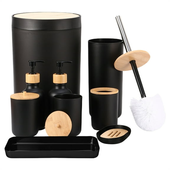 iMucci 9Pcs Black Bathroom Accessories Set Includes Trash Can, Toilet Brush, Toothbrush Holder, Lotion Soap Dispenser, Soap Dish, Toothbrush Cup, Qtip Holder, and Tray Complete Bathroom Decor