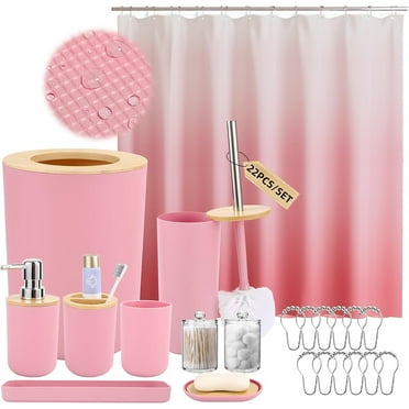 iMucci Bathroom Accessory Set – Pink Bathroom Set with Shower Curtain, Pink Ombre Waterproof Shower Curtain with Hooks, Pink Bathroom Accessories Set Complete for Home Decor