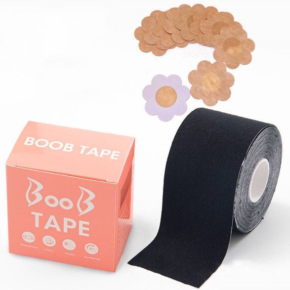 iMucci Boob Tape, Breast Lift Tape Nipple Covers Waterproof Athletic Body Tape Push Up Lifting Tape Fit for Any Type of Clothing and A-E Cup, Incl. 1 Roll Breast Lift Tape, 10pcs Nipple Stickers