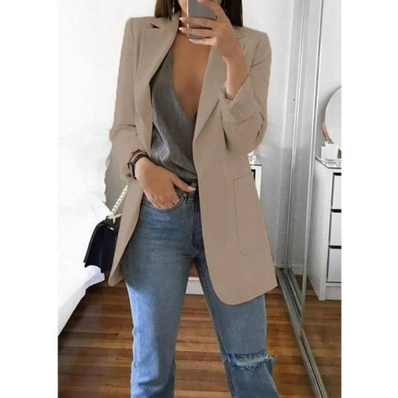 iMucci Coats Women Regular Long V-neck Office Lady Blazer Coat Suit Jasket Solid Full Sleeve Polyester Pockets