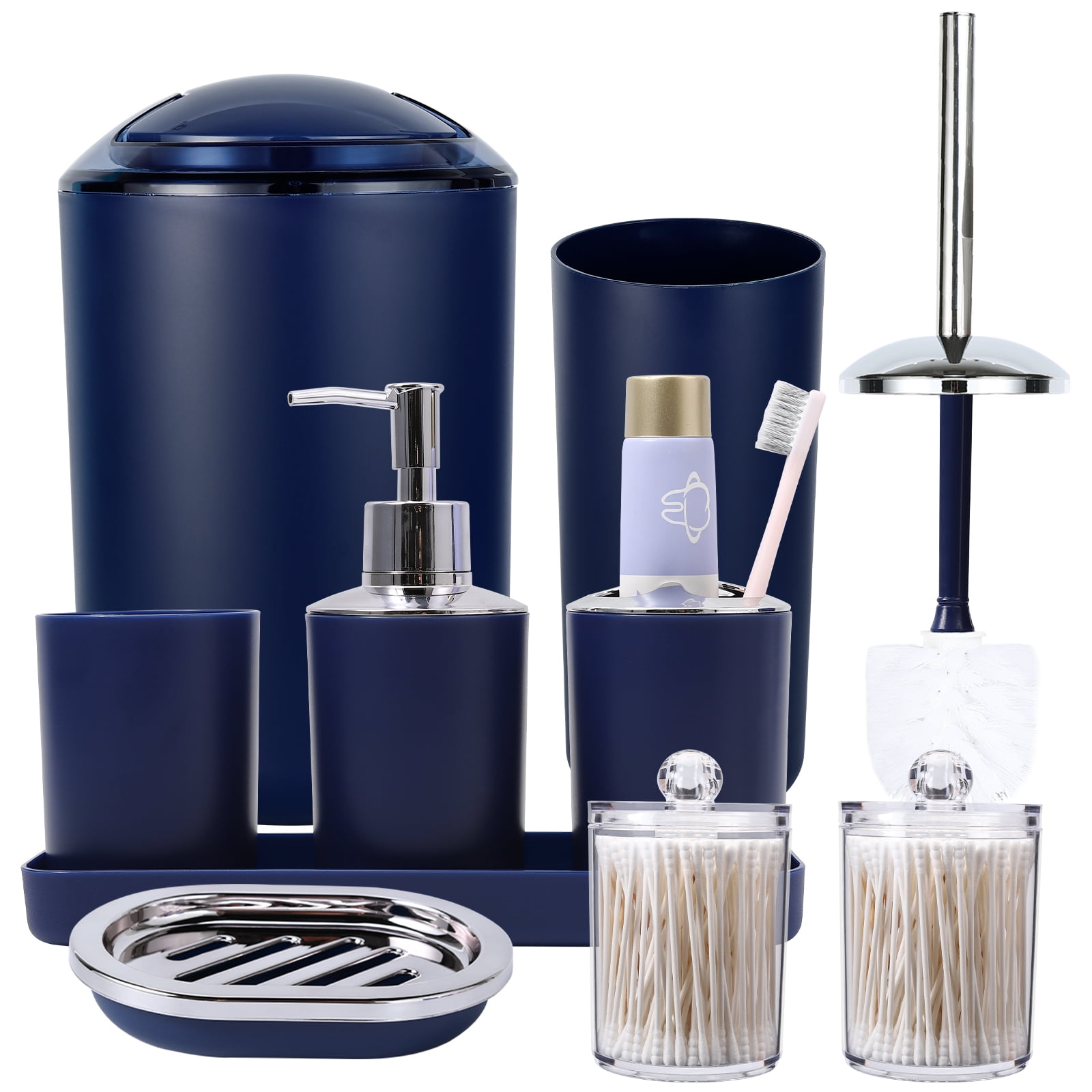 iMucci Soap Dispenser and Toothbrush Holder Lotion Bottle Modern Home Navy  Blue Bathroom Accessories Set of 5 Wash Kit