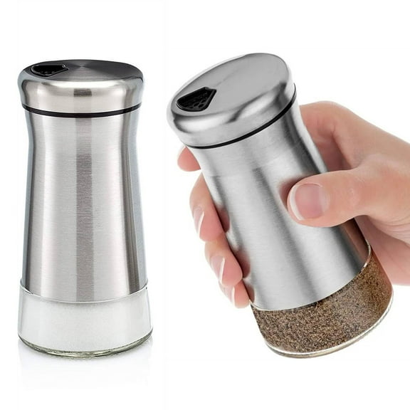 iMucci Salt and Pepper Shakers Set with Adjustable Pour Holes - Set of 2 Spice Dispenser Bottles Jars Made of Stainless Steel & Glass