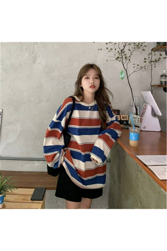 Shirts Striped T-shirt Female Korean Version Loose New Spring and Autumn Long-Sleeved Top Clothes