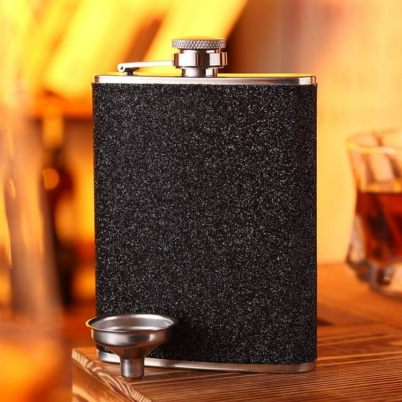 iMucci Stainless Steel Colorful Glitter Hip Flask for Liquor with Funnel - Stores 8 Ounces/240ml, Black, 5.3in Height