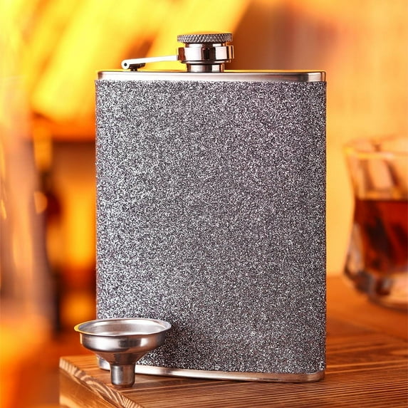 iMucci Stainless Steel Colorful Glitter Hip Flask for Liquor with Funnel- Stores 8 Ounces/240ml, Silver, 5.3in Height