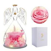 iMucci Valentines Day Gifts for Her, Pink Preserved Rose in Glass Angels Figurines with LED Light, Valentines Flowers Birthday Gifts for Women, Forever Rose Gift for Mom Wife Girlfriend Grandma