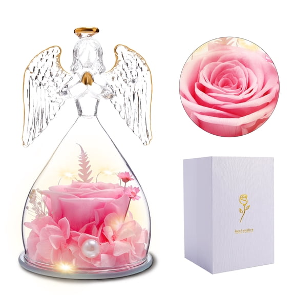 iMucci Valentines Day Gifts for Her, Pink Preserved Rose in Glass Angels Figurines with LED Light, Valentines Flowers Birthday Gifts for Women, Forever Rose Gift for Mom Wife Girlfriend Grandma