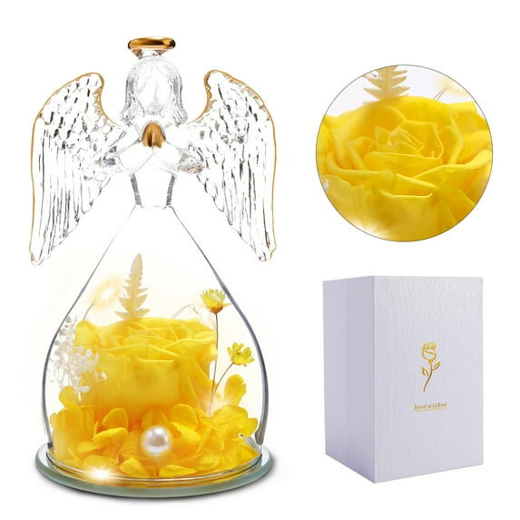 iMucci Valentines Day Gifts for Her, Yellow Preserved Rose in Glass Angels Figurines with LED Light, Valentines Flowers Birthday Gifts for Women, Forever Rose Gift for Mom Wife Girlfriend Grandma