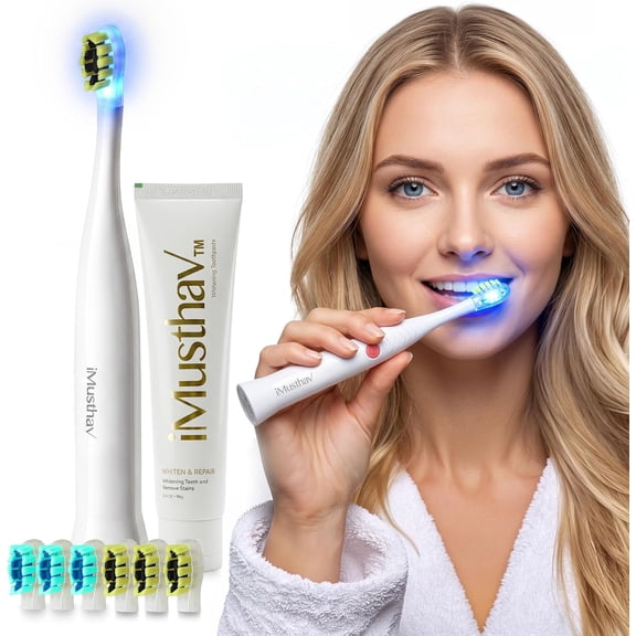 iMusthav Travel Electric Toothbrush for Adults, Battery Operated Portable Toothbrush with Blue LED Light, 3 Sonic Modes, Smart Timer, 6 Brush Heads, Whitening Toothpaste