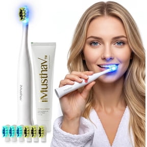 iMusthav Travel Electric Toothbrush, Blue LED, 3 Modes, 6 Heads + Toothpaste