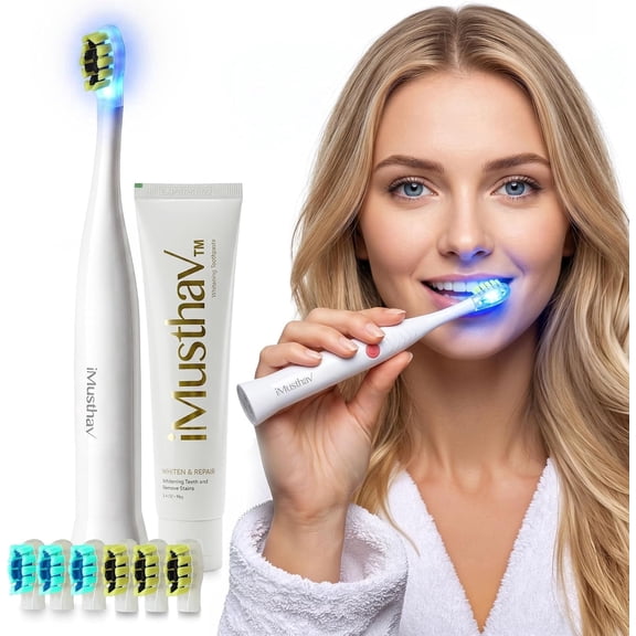 iMusthav Travel Electric Toothbrush, Blue LED, 3 Modes, 6 Heads + Toothpaste