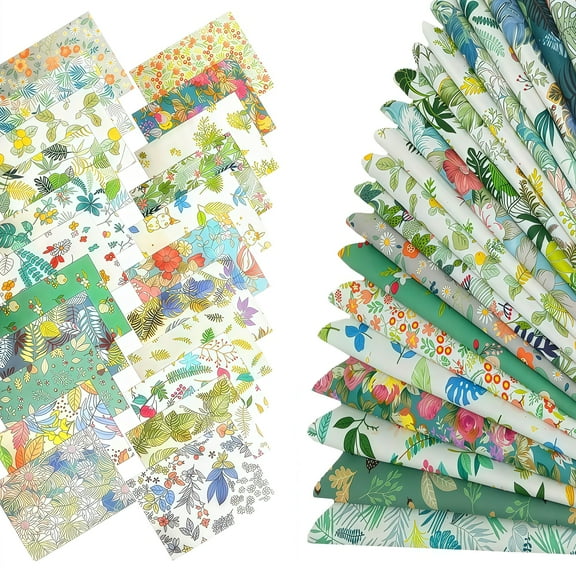 iMzoon 22Pcs 10" Cotton Fabric Quilting Squares,No Repeat Floral Charm Pack,Precut Pink Fabric for Sewing with Wavy Edges, DIY Scrapbooking Craft Supplies Leaf Green