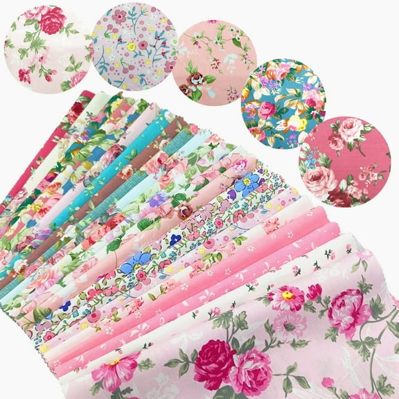 iMzoon 22Pcs 10" Cotton Fabric Quilting Squares,No Repeat Floral Charm Pack, Precut Pink Fabric for Sewing with Wavy Edges, DIY Scrapbooking Craft Supplies Pink