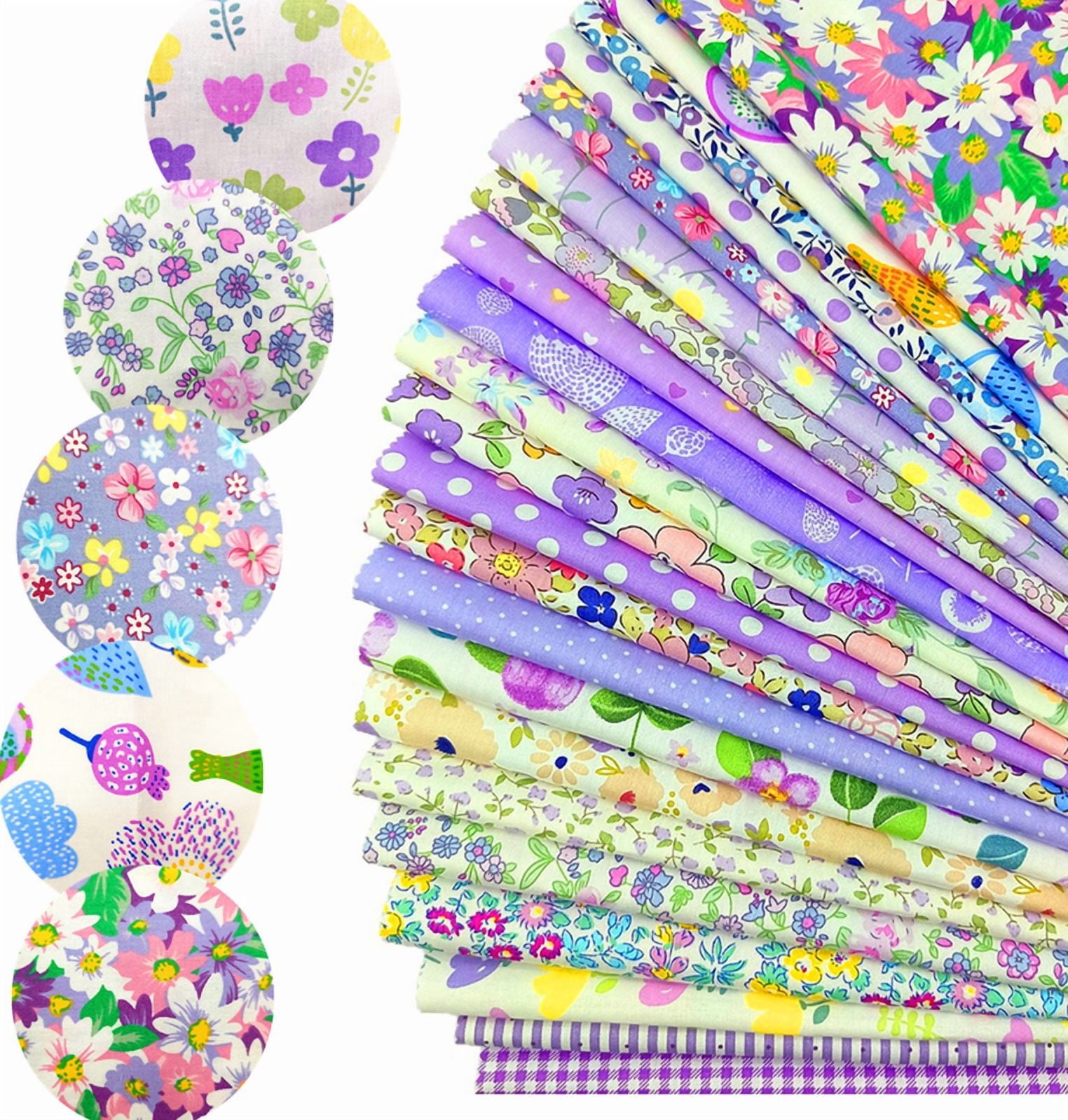 iMzoon 22Pcs 10" Cotton Fabric Quilting Squares,No Repeat Floral Charm Pack, Precut Pink Fabric for Sewing with Wavy Edges, DIY Scrapbooking Craft Supplies Purple