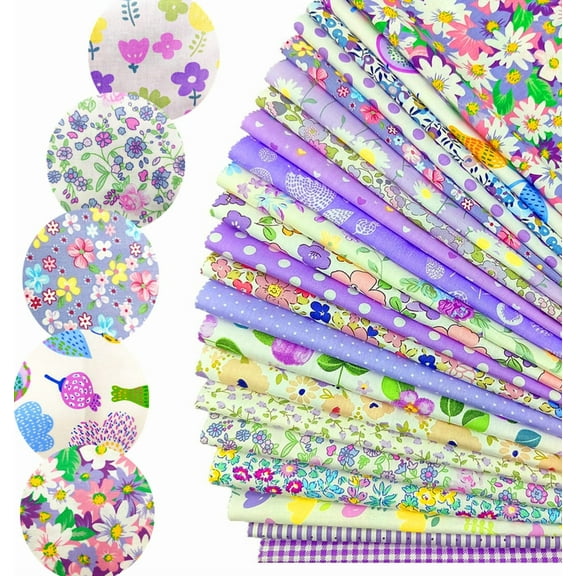 iMzoon 22Pcs 10" Cotton Fabric Quilting Squares,No Repeat Floral Charm Pack, Precut Pink Fabric for Sewing with Wavy Edges, DIY Scrapbooking Craft Supplies Purple