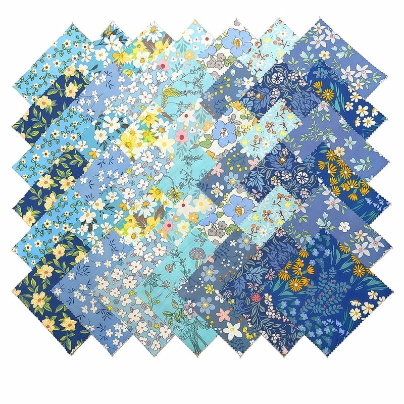 iMzoon 42Pcs 10" Wavy Edge Fabric Squares,Cotton Fat Quarters Bundles for Quilting Supplies,Denim Floral Precuts,Sewing Material & Color Draping Kit Swatches in Retro Print