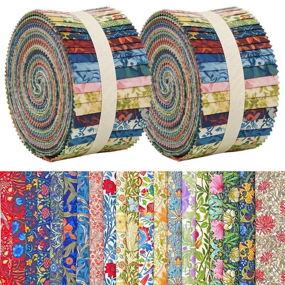 iMzoon 80 Pcs Jelly Roll Fabric Strips Vintage William Morris Flowers Quilting Fabric Roll Fabric Squares Jelly Patchwork Precut Strips Bundles for Materials Craft DIY Sewing Cloths