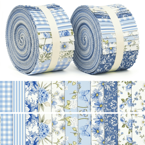 iMzoon 84 Pcs Jelly Roll Fabric Strips for Quilting Sewing-2.6 Inch Precut Floral Strips Bundles with Wavy Edges, Perfect Fabric for Sewing, DIY Sewing Supplies Hydrangea Blue Flowers