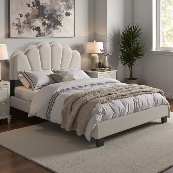 iNSPIRE Q Altha Queen Boucle Platform Bed with LED Flower Headboard, Cream