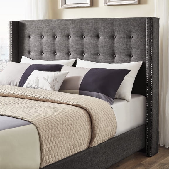 iNSPIRE Q Atchison Transitional Queen Linen Tufted Wingback Headboard, Dark Grey