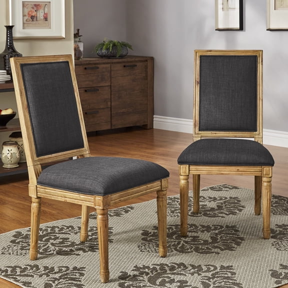iNSPIRE Q Amadell Rectangular French Country Reclaimed Natural Finish Linen Dining Chair, Dark Grey (Set of 2)