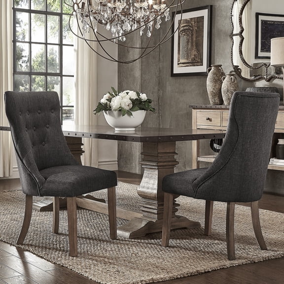 iNSPIRE Q Kirk Contemporary Button-tufted Light Distressed Natural Finish Linen Dining Chair, Dark Grey (Set of 2)