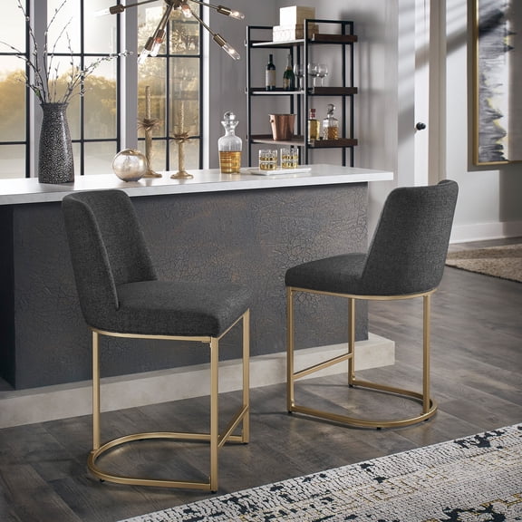 iNSPIRE Q Klimt Glam Gold Finish Heathered Weave Counter Height Bar Stools, Black (Set of 2)