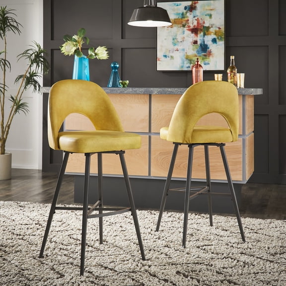 iNSPIRE Q Krista Mid-Century Modern Iron Grey Finish PU Swivel Bar Height Bar Stools, Yellow (Set of 2)