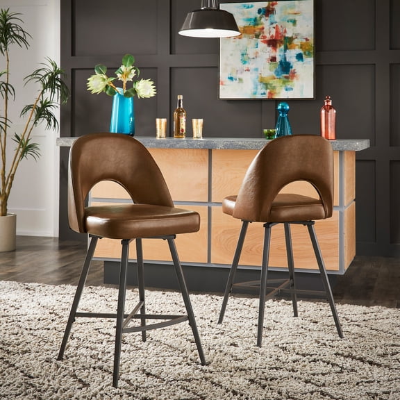 iNSPIRE Q Krista Mid-Century Modern Iron Grey Finish PU Swivel Counter Height Bar Stools, Brown (Set of 2)